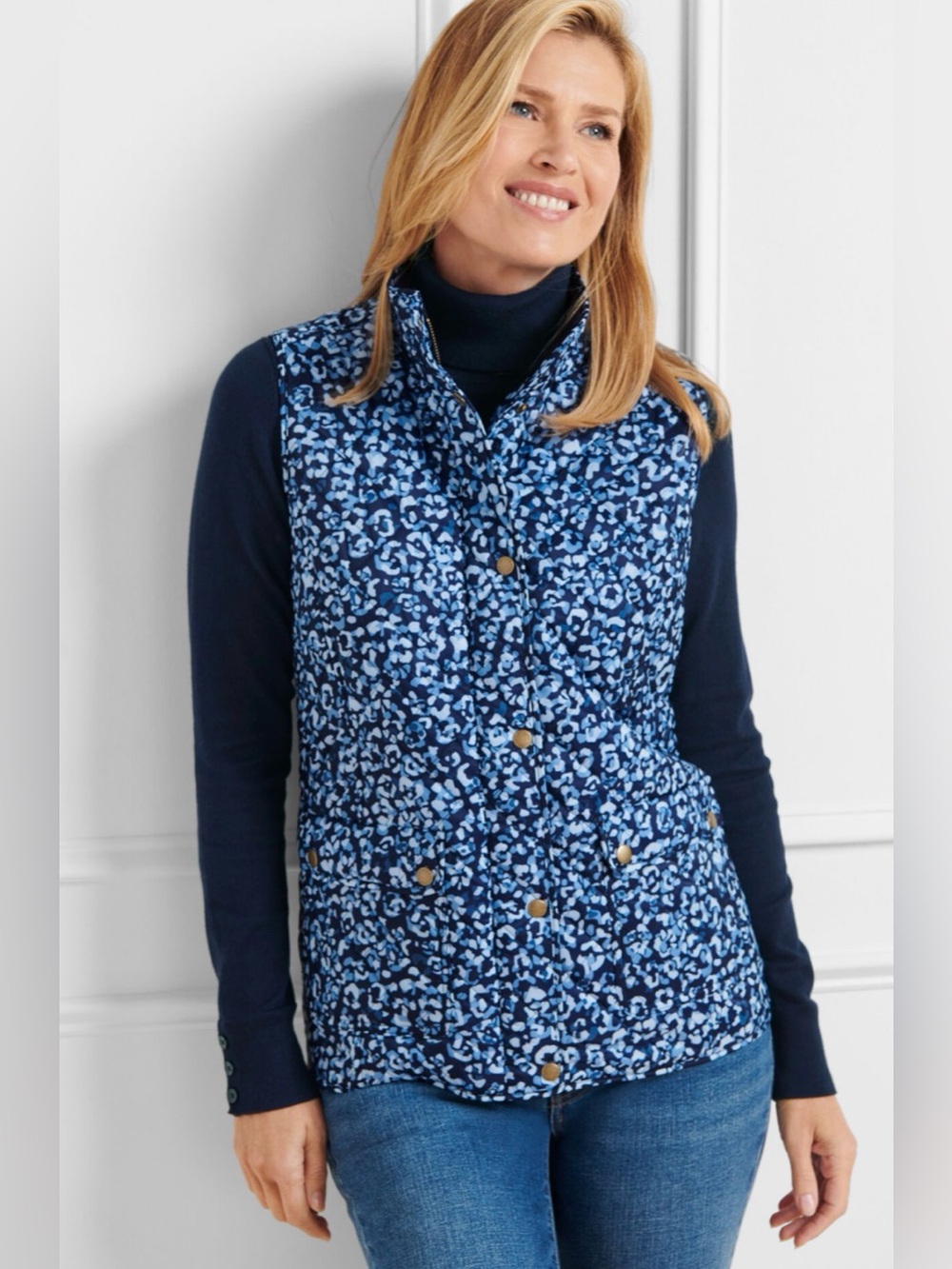 Talbots Blue Abstract Leopard Diamond Quilted Vest NWT size L